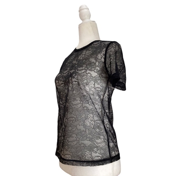 Maje Black Lace Pattern Sheer Crew Neck Top - Picture 3 of 6